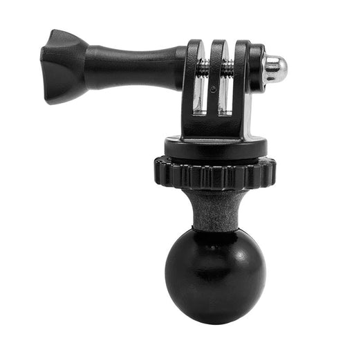 The 25mm Swivel Ball to GoPro HERO Lateral Prong Pattern Adapter for Robust™ Series is a black plastic and metal adapter with a 25mm ball mount and thumb screw for attaching action cameras to compatible mounting systems.