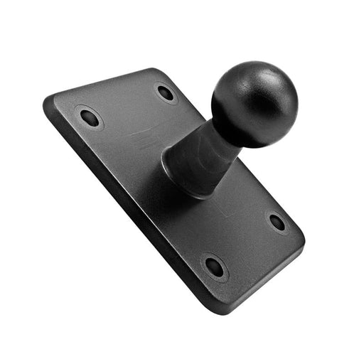 The 4-Hole AMPS to 17mm Ball Adapter is a black metal wall mount bracket with a rectangular base and four screw holes, featuring a central rounded knob. It’s compatible with Arkon mounts and 17mm ball mount systems.