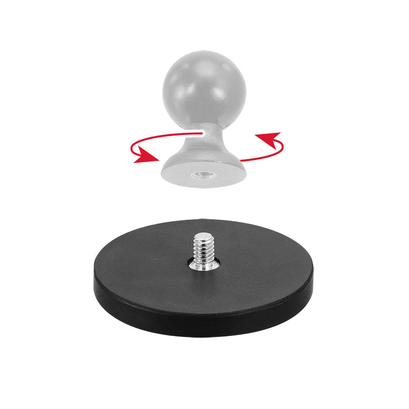 A gray knob hovers above a 65mm Diameter Round Heavy-Duty Magnetic Base with a black finish, metal screw, and red arrows illustrating the knob twisting onto the magnetic base.