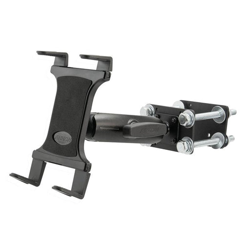 The 7 inch Robust Forklift Front Guard Slim-Grip® Tablet Mount has a black adjustable clamp and arm with bolts and screws for flat surfaces or poles. Its padded grips hold devices securely—ideal for warehouses or as a forklift tablet mount.