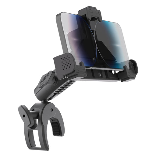 The SkyHold⢠Yoke Locking Phone Mount securely holds your smartphone with cushioned grips and a sturdy clamp for handlebars, just like an aviation yoke clamp. The phone screen faces outward for convenient viewing.