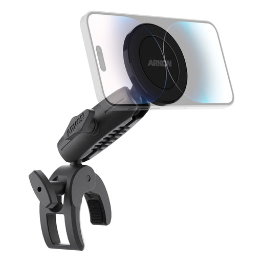 The SkyHold⢠Yoke Mount with Phone Holder ā MagSafe Compatible secures your smartphone using a black clamp-style holder that easily attaches to handlebars, poles, or yokes. Phone shown semi-transparent for illustration.