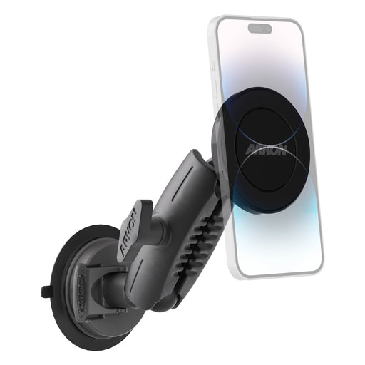 The SkyHold⢠Windshield Suction Mount features a black magnetic phone holder and an adjustable arm for versatile positioning. Its MagSafe compatible pad securely holds your smartphone vertically on the windshield.