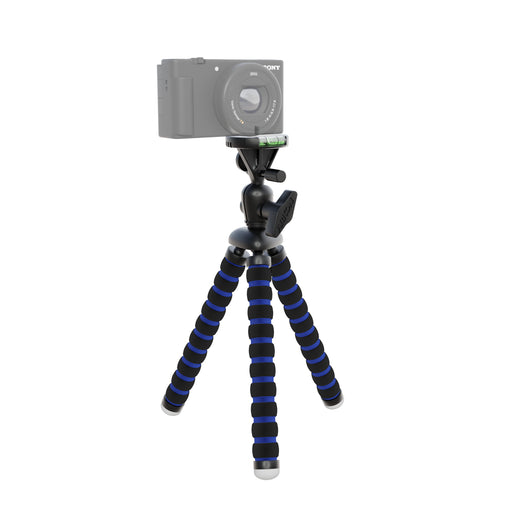 The 11 Inch Flexible Camera Tripod for Canon, Nikon, Samsung, and other 1/4-20 digital cameras with black and blue striped legs holds a compact camera on a white backgroundāideal for content creators.