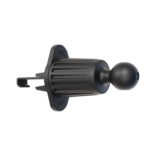 The Adjustable Car Vent Mount with 17mm Ball is a black, cylindrical plastic base with a ridged grip, locking mechanism, and ball end. It fits 17mm device holders for hands-free phone use and features LOCK labels for secure attachment.