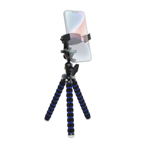 The 11 Adjustable Tripod Mount with Phone Holder features black and blue striped flexible legs and adjustable grips, offering stable and versatile mountingāperfect for content creators.