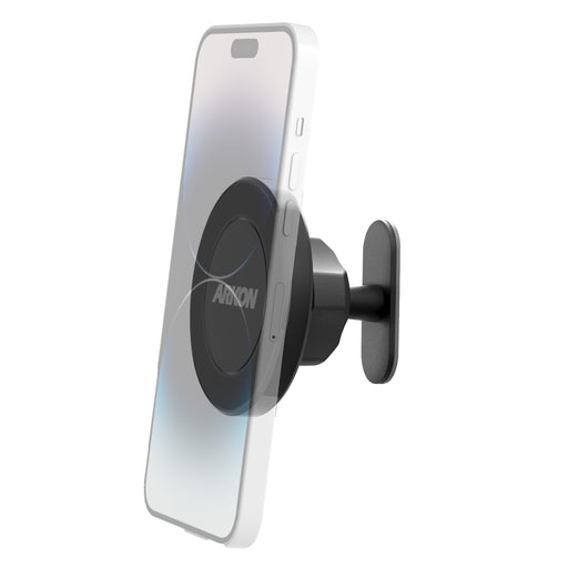 The Magnetic Phone Holder with Adhesive Mount - MagSafe Compatible securely holds a smartphone vertically on a wall. Its round, black āANKONā face uses strong 3M VHB adhesive for reliable placement.