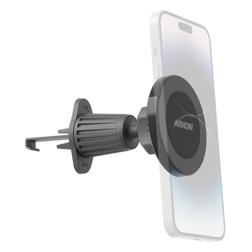 The Magnetic Phone Holder with Vent Mount - MagSafe Compatible secures your smartphone to a car air vent using a firm grip and rotating ball joint, providing easy access and stability while driving. Shown side view on a white background.