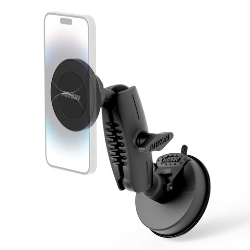 The Magnetic Phone Holder with Suction Mount - MagSafe Compatible securely holds your smartphone vertically in your car, featuring an adjustable arm and a circular magnetic holder for easy attachment.