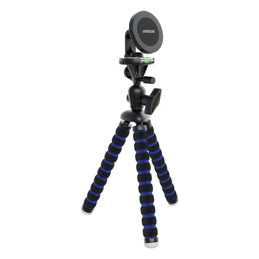 The Magnetic Phone Holder with 11 Flexible TripodāMagSafe Compatible features blue and black striped flexible legs and securely holds smartphones or cameras with its round, Arkon-branded magnetic mount. Ideal for content creators.