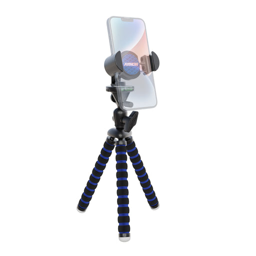 The 11 inch Tripod with RoadViseĀ® Phone Holder Mount for Video features black and blue flexible legs, a sturdy mount, and adjustable jointsāideal for content creators who need stable smartphone photography or video recording.