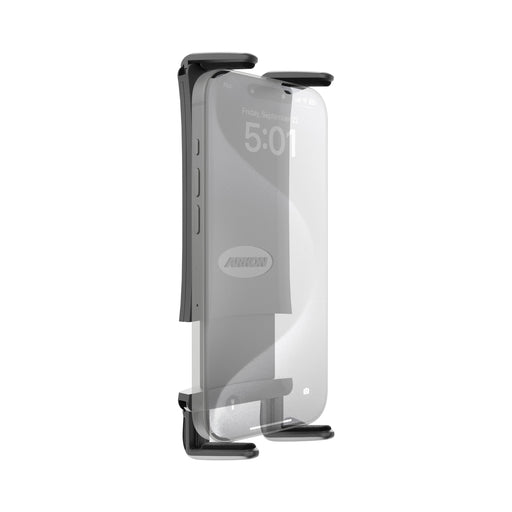 A smartphone held vertically in a black Slim-GripĀ® Ultra Phone Holder, viewed from the side, displays its screen and side buttons. The holderās padded top and bottom grips are securely attached to an Arkon Dual T-Tab mount.
