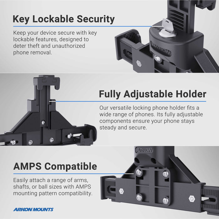 Locking Phone Mount with Robust™ Adjustable Arm and 4-Hole Metal AMPS Drill Base