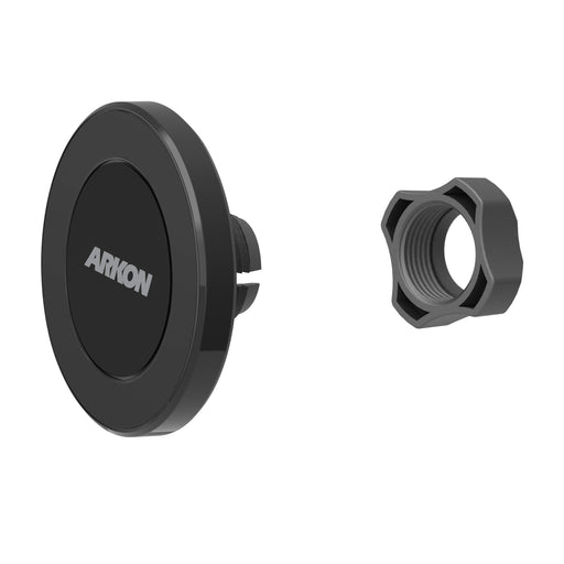 A black circular Magnetic Phone Holder with 17mm Tightening Ring (MagSafe Compatible) is shown, along with a separate black locking nut, both set against a white background.