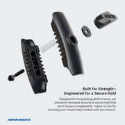 An exploded view of the black Camera Wall Mount for Nikon, Sony, Canon, Fujifilm, and Olympus cameras shows each part—spring and screws—plus text highlighting its strong hold, secure fit, and adjustable hardware.