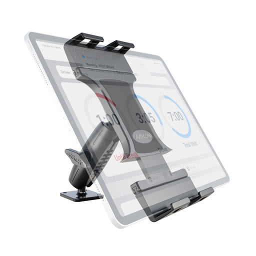 The Slim-Grip® Ultra Pro Universal Tablet Holder with an Aluminum Drill-Base Mount secures a white tablet displaying numbers and text. A semi-transparent overlay highlights the holders adjustable design features.