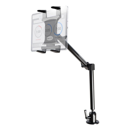 The Heavy-Duty Drill-Base Tablet Mount with 22 Arm, featuring a rotating holder and black adjustable arm, securely clamps to the table to hold a tablet displaying a timer app for flexible, stable positioning.