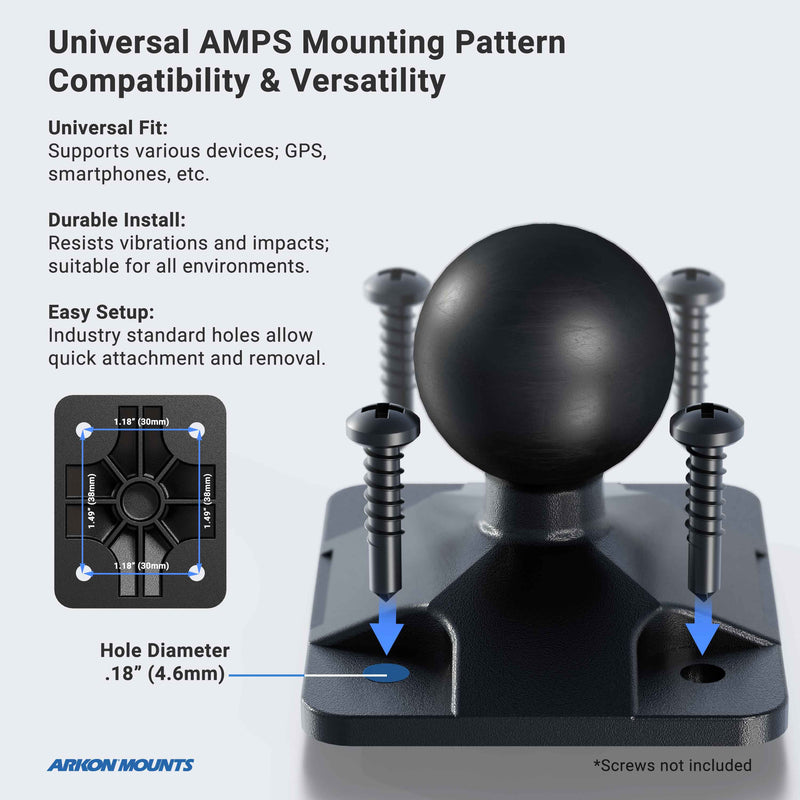 A black mounting base with a ball and four 4.6mm screw holes is shown with screws nearby. Text highlights its easy setup, universal camera mount compatibility for Nikon, Sony, Canon, Fujifilm & Olympus; diagram shows hole spacing.