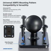 Diagram featuring the Slim-Grip® Tablet Holder with Metal Drill Base Mount, illustrating a Universal AMPS plate with four screw holes, central ball mount, labeled dimensions, and text highlighting compatibility and easy installation.