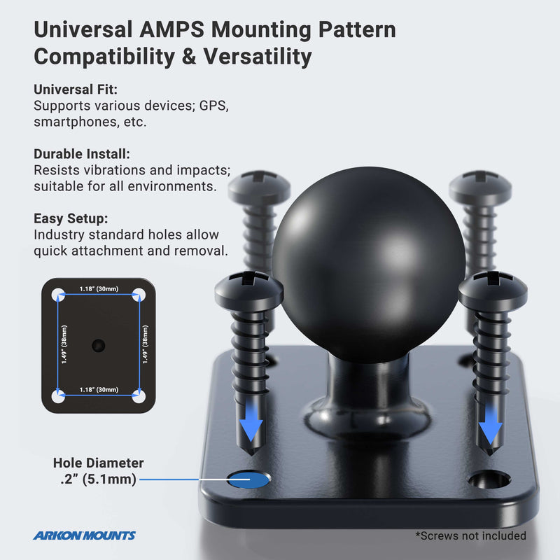 Diagram featuring the Slim-Grip® Tablet Holder with Metal Drill Base Mount, illustrating a Universal AMPS plate with four screw holes, central ball mount, labeled dimensions, and text highlighting compatibility and easy installation.