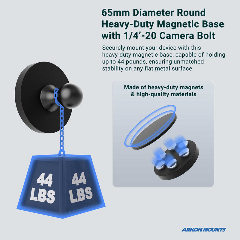The 65mm Diameter Round Heavy-Duty Magnetic Base supports a 44 lb cube, showing its strength. With a 1/4-20 camera mount and quality build, this magnetic base ensures secure and reliable camera support.