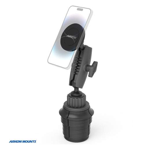 The Magnetic Phone Holder with Car Cup Mount - MagSafe Compatible is a black, adjustable holder with grip and tightening knob, shown holding a phone vertically. The Arkon Mounts logo appears in the bottom-left corner.