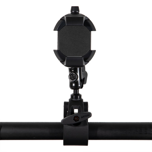 The RoadViseĀ® Ultra Holder with Multi-Angle Arm and Clamp Mount, shown front-facing on a white background, securely holds smartphones or tablets with padded grips and an adjustable clamp attached to a horizontal pole.