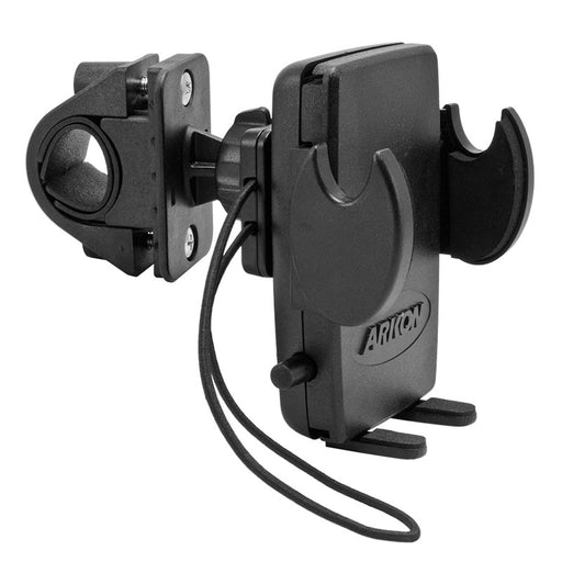 The Mega Grip⢠Phone Holder with Handlebar Mount is a black, adjustable holder with a clamp for handlebars, spring-loaded grips for secure device hold, and a rubber strap for extra stability.
