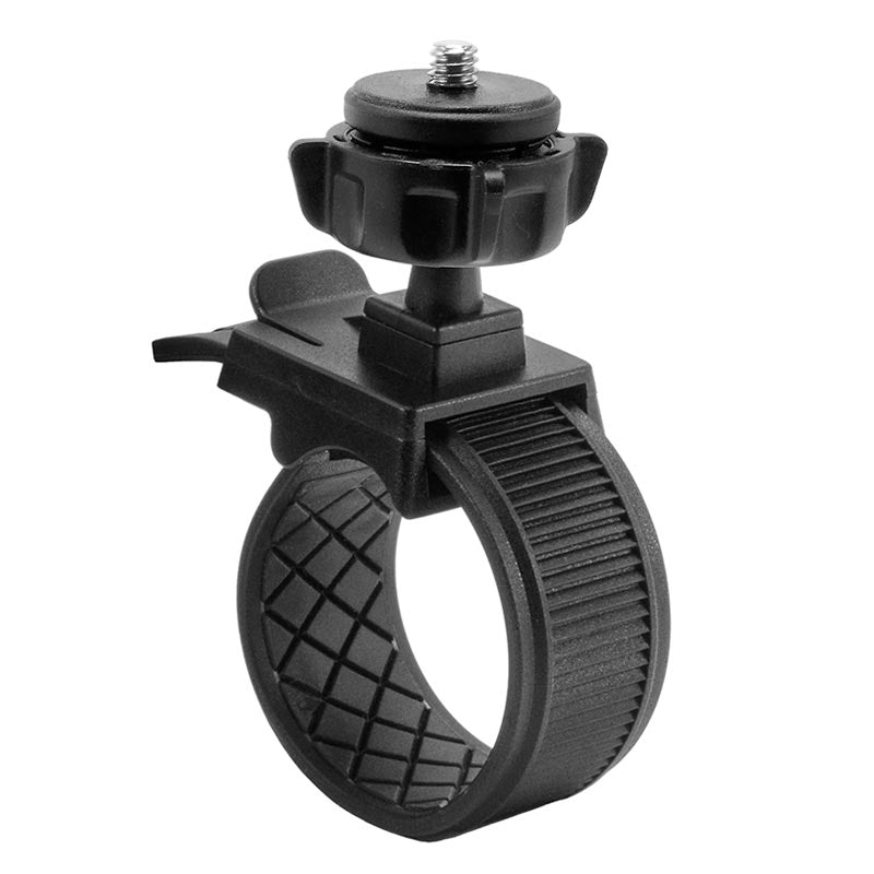 The Camera Holder with Handlebar Strap Mount for Canon, Sony, Samsung, Panasonic, and Nikon cameras features a black adjustable plastic design with a textured circular band, screw top, and tightening knob for secure attachment to handlebars or poles.