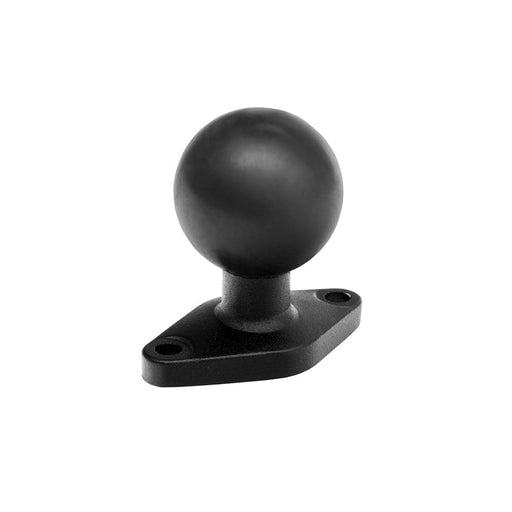 The Diamond-Shaped Metal 38mm (1.5 inch) Ball to 2-Hole AMPS Compatible Adapter features a black mounting base with a round ball attachment and two screw holes, designed for securing devices or accessories on a plain white background.