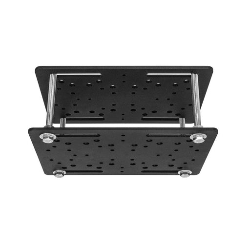 The Forklift Overhead Guard Mount is a black metal unit with two heavy-duty steel plates joined by four threaded rods and nuts, plus multiple holes and slots for adjustable assembly on warehouse vehicles.