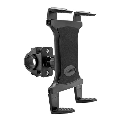 The Handlebar Slim-Grip® Tablet Mount secures your iPad, Note, and more on handlebars with a clamp attachment and padded grips. Ideal as a bike or boat tablet holder. The Arkon logo is visible on the front.