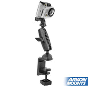 A Heavy-Duty Adjustable Clamp Mount for GoPro HERO Action Cameras, shown in black with a camera attached, features a secure clamp base and is ideal for live streaming. The Arkon Mounts logo appears in the bottom right corner.