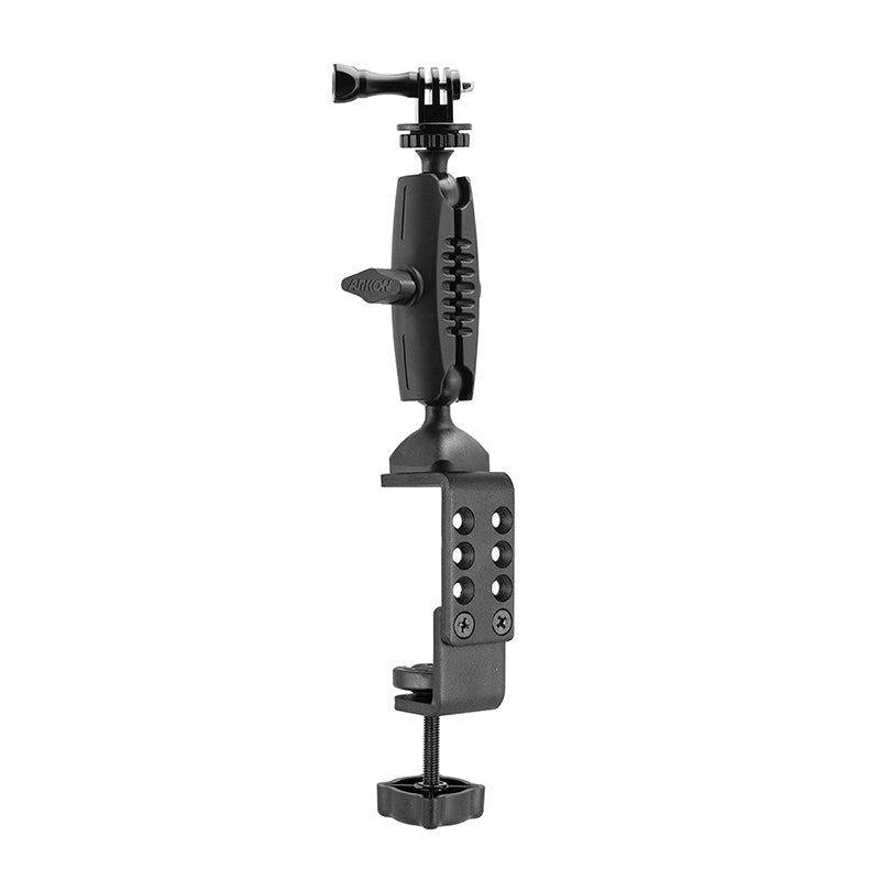 The Heavy-Duty Adjustable Clamp Mount for GoPro HERO Action Cameras is a black mount with screw base, multiple mounting holes, and a pivoting arm—ideal for securely attaching action cameras or live streaming gear to different surfaces.