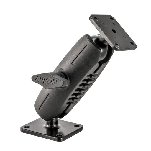 Angled view of the Heavy-Duty Car Dash or Wall Mounting Pedestal with metal AMPS drill base and head, featuring a black adjustable arm, rectangular base plates, and an ARKON-labeled tightening knob.