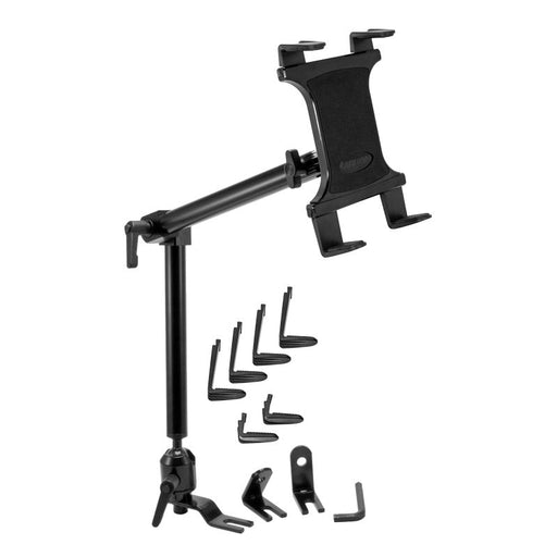 The Heavy-Duty Car or Truck Seat Rail Tablet Mount with 22 Arm features an adjustable, articulated arm, multiple joints, and a secure clamp for flexible device positioning—ideal for mounting tablets in vehicles.