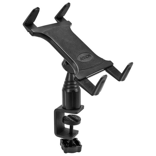 The Slim-Grip® Holder with Clamp Mount is a black adjustable desk tablet mount with a cradle for smartphones or devices, featuring a rotating joint, textured grip arms, and a screw-tightened base clamp for secure attachment.