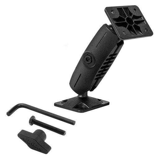 The Heavy-Duty Drill-Base Mount with Security Hardware and AMPS Head features a black adjustable bracket with base and swivel plate, screw, knob, and hex key—ideal for secure mounting and shown on a white background.