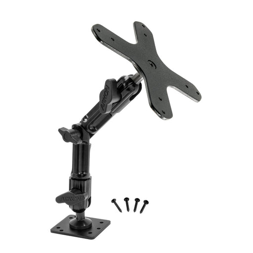 The Heavy-Duty Multi-Angle Drill-Base Mounting Pedestal for VESA 75/VESA 100 devices is shown with a square base, two tightening knobs, and four screws on a white background—perfect for mounting monitors, TVs, or tablets.