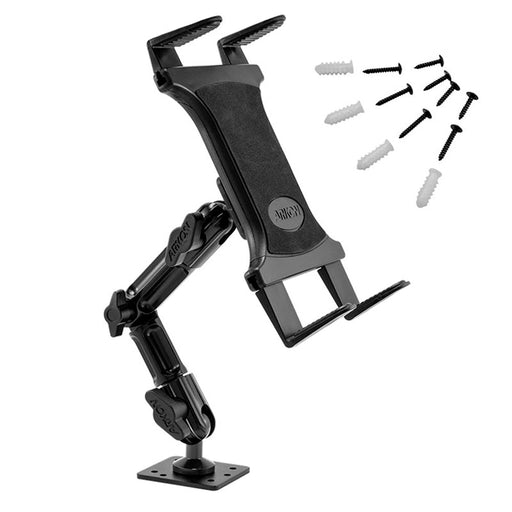 The Slim-Grip® Tablet Holder with Drill-Base Mount and 8 Multi-Angle Arm is a black heavy-duty tablet mount, featuring multiple adjustable joints, shown with mounting screws and wall anchors on a white background.