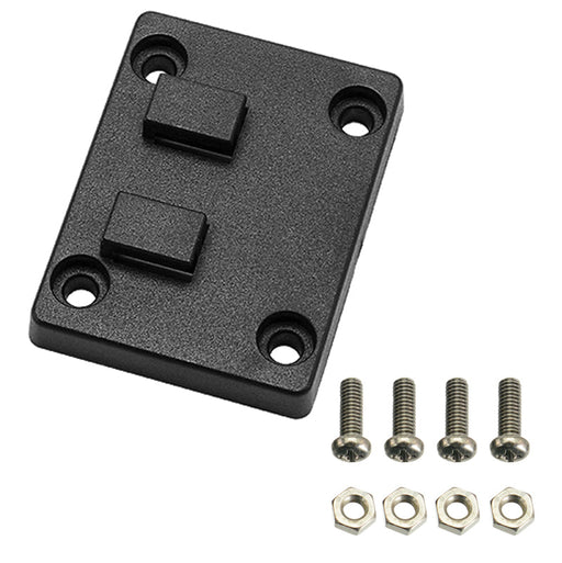 The Horizontal Dual T-Tab to 4-Hole Narrow AMPS Adapter, shown in black with two raised tabs, four corner holes, four screws, and four hex nuts—perfect for a Universal Smartphone Holder—displayed on a white background.