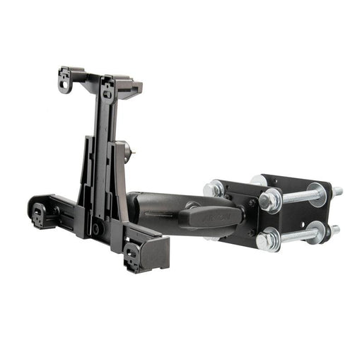 The LockVise™ Locking Forklift Front Guard Tablet Mount with 5 Robust™ Shaft securely attaches to your forklift, providing a sturdy, adjustable holder for tablets—ideal for warehouse use.