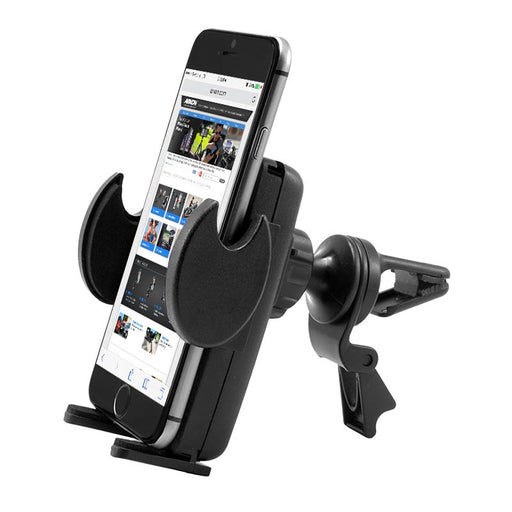 A Car Vent Mount with Mega Grip⢠Holder in black secures a phone displaying a website, attached to a carās air vent.