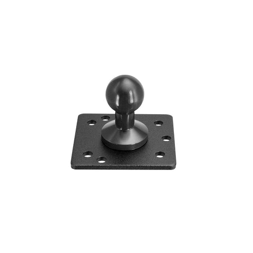 The Metal 20.6mm Ball to 4-Hole AMPS Pattern Adapter is a black metal mounting plate with a central 20.6mm ball and eight edge holes, perfect for attaching AMPS-compatible tablet holders securely to various surfaces.