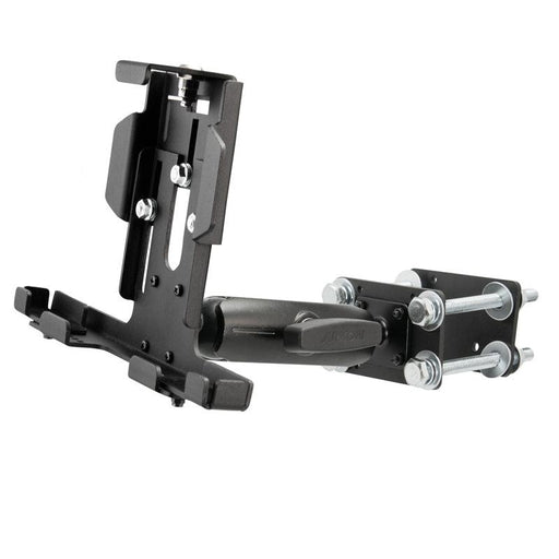 The LockVise™ Metal Locking Forklift Front Guard Tablet Mount with 5 Metal Robust™ Shaft is a black adjustable metal bracket with bolts and screws for securely mounting your device to flat or tubular surfaces in warehouses or on forklifts.