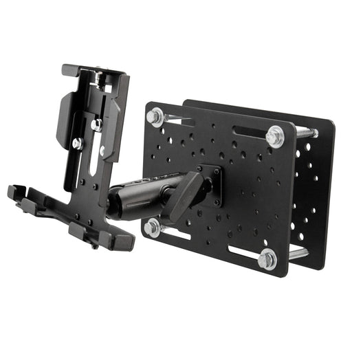 The LockVise™ Metal Locking Forklift Overhead Guard Tablet Mount with 5 Metal Robust™ Shaft securely attaches tablets to flat surfaces with an adjustable metal bracket, clamp, and multiple mounting holes for forklifts or other electronic devices.