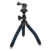 The Mini Tripod Mount for GoPro HERO Action Cameras features black and blue foam-wrapped flexible legs and a camera mount, ideal for live streaming or holding cameras and smartphones in various positions.