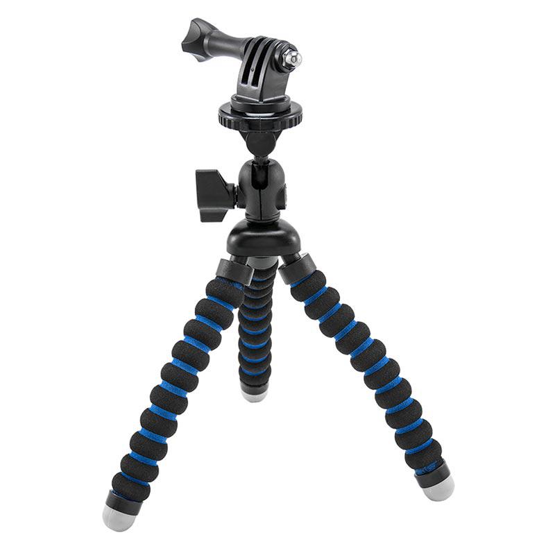 The Mini Tripod Mount for GoPro HERO Action Cameras features black and blue foam-wrapped flexible legs, a camera mount on top, and offers portable support for cameras or smartphones—ideal as a live streaming accessory.