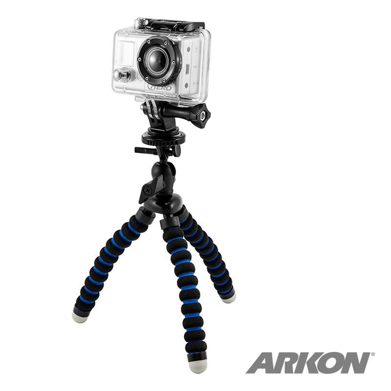 A Mini Tripod Mount for GoPro HERO Action Cameras with black and blue segmented legs and gray rubber tips is shown on a white background. A small camera is mounted on the flexible tripod. The Arkon logo appears in the bottom right corner.