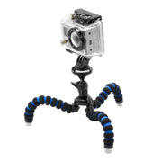 The Mini Tripod Mount for GoPro HERO Action Cameras is a compact camera accessory with three flexible black legs and blue rings, perfect for live streaming and capturing stable shots from different surfaces and angles.